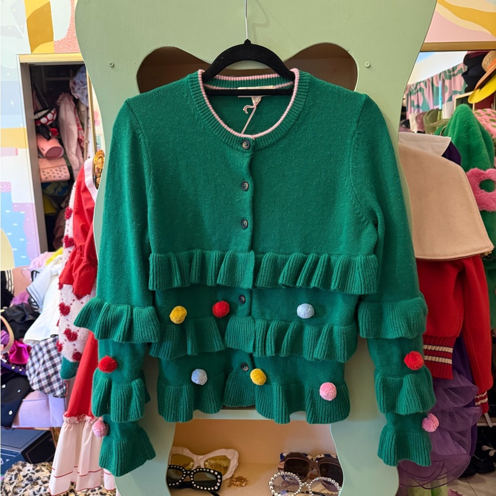 Boden rare Christmas tree Green Ruffled Cardigan with Pom Poms size XS with tags